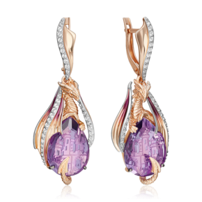 Серьги «Хранители замка» с английским замком из красного золота с аметистом, натуральными топазами white и эмалью 02-5296-00-225-1110