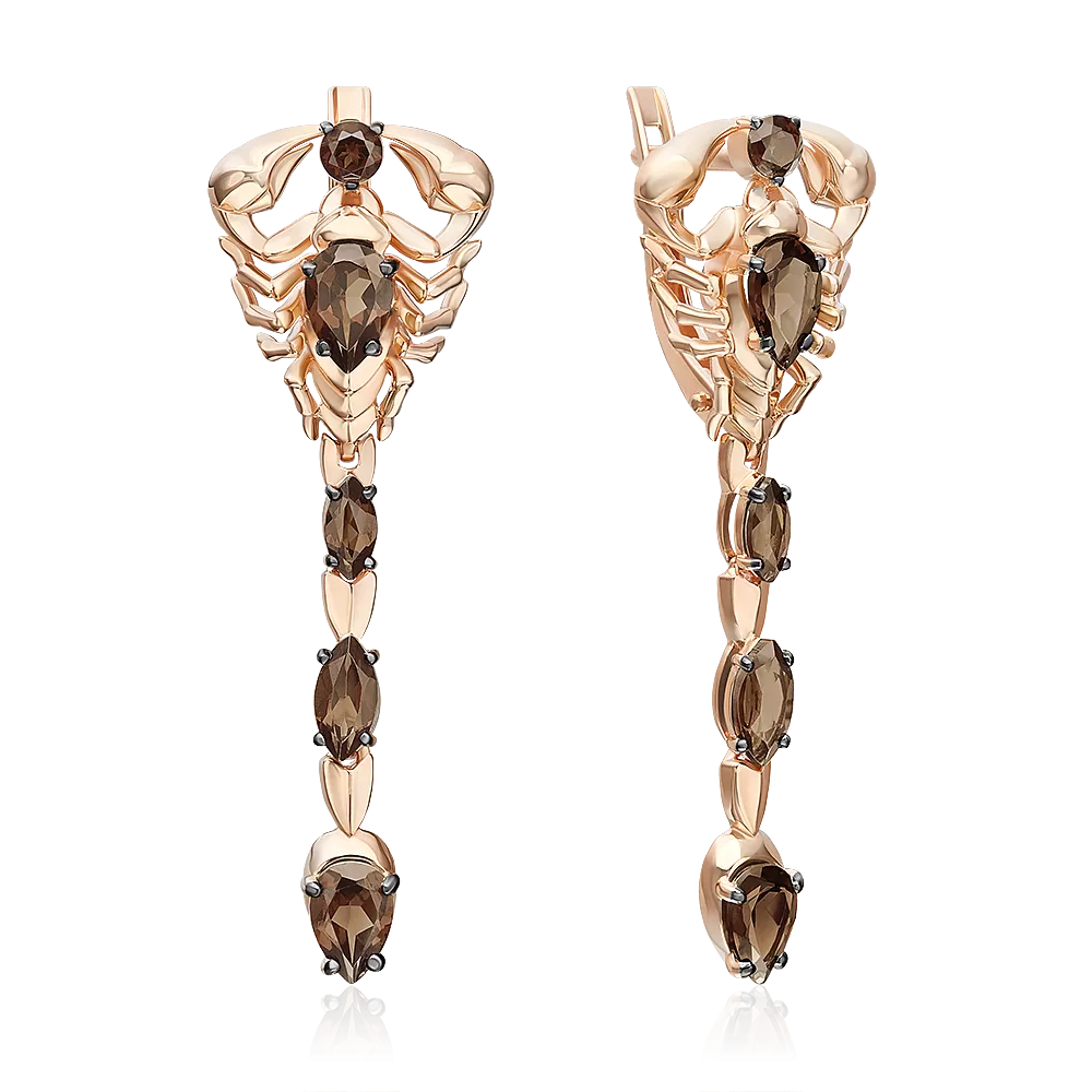 Серьги «Скорпионы» с английским замком из красного золота с кварцем дымчатым 02-5294-00-202-1110