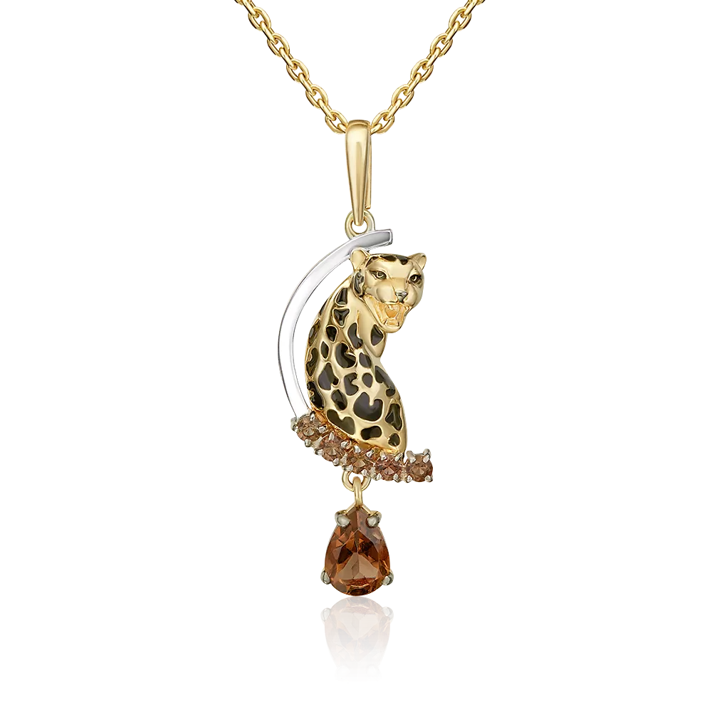 Подвеска «Леопард» из комбинированного золота с кварцем дымчатым и эмалью 03-3626-00-202-1121