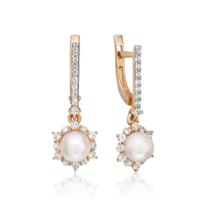 Серьги с английским замком из красного золота с жемчугом культивированным и фианитами 02-3129-00-302-1110-24