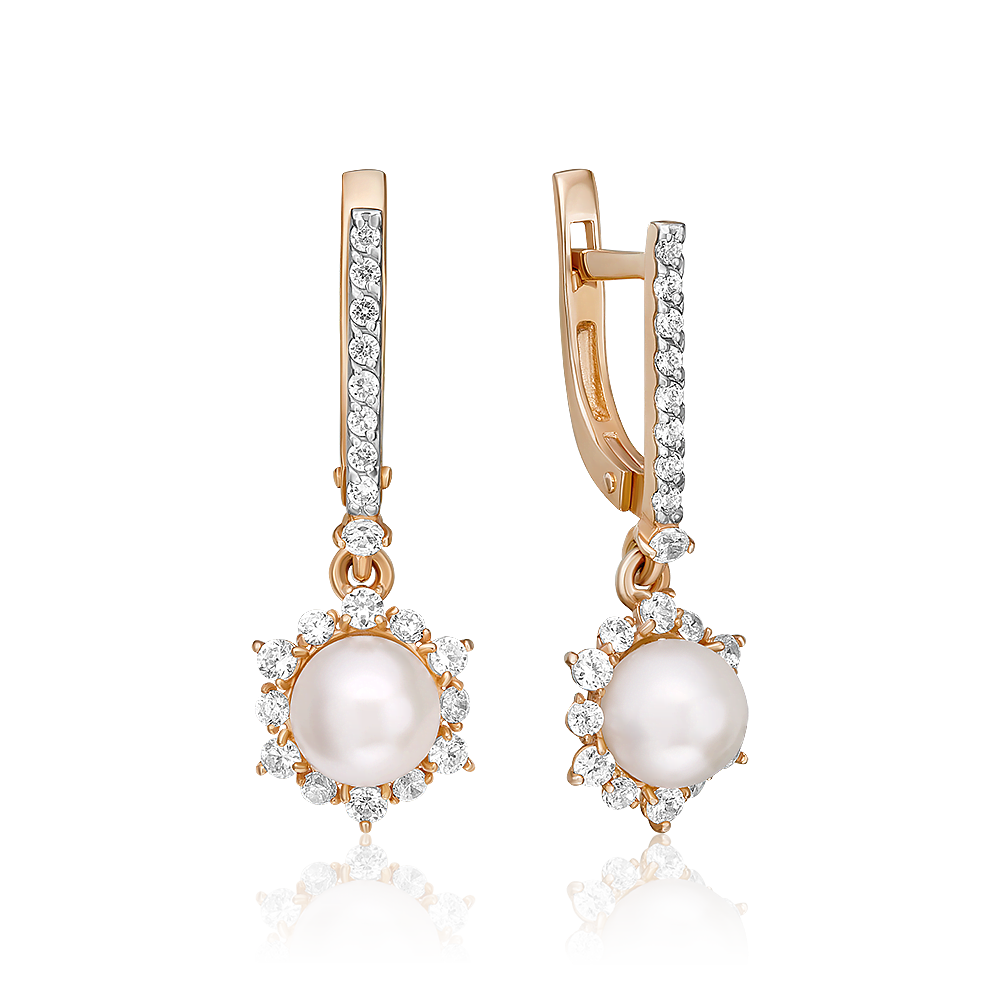 Серьги с английским замком из красного золота с жемчугом культивированным и фианитами 02-3129-00-302-1110-24