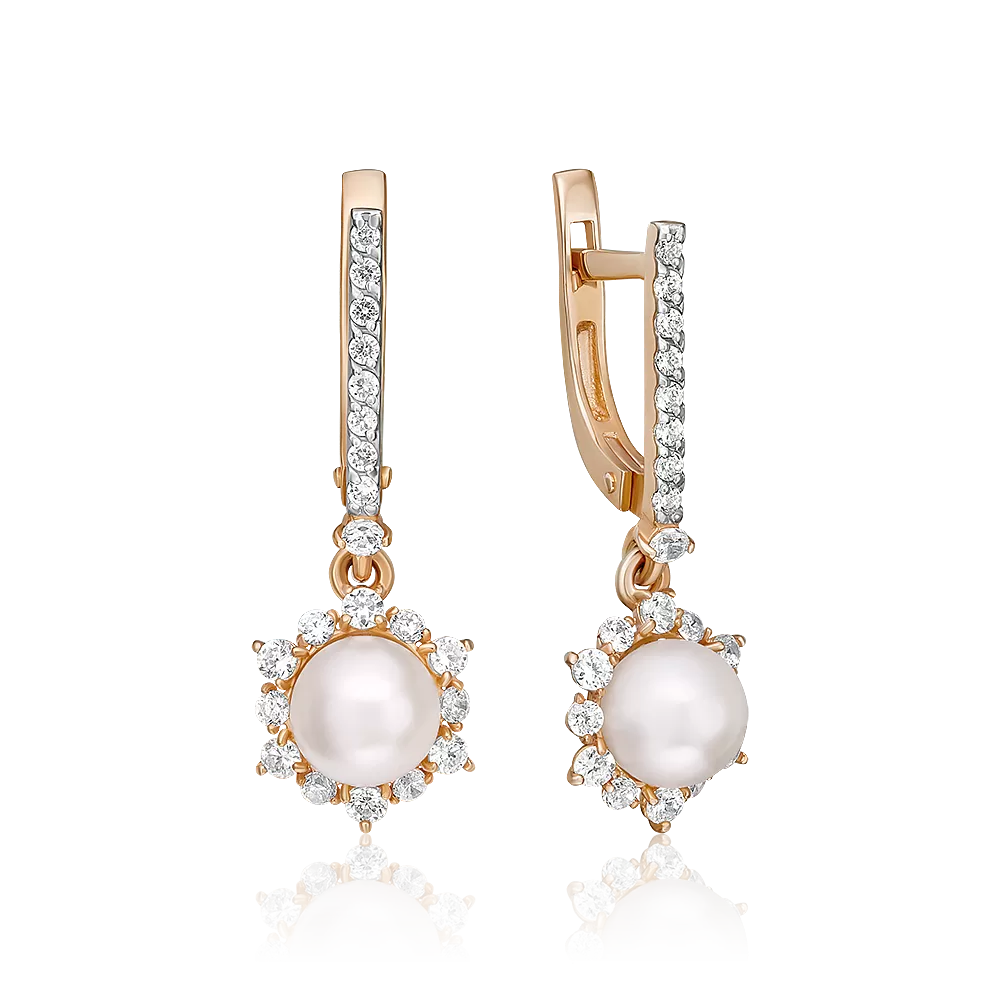 Серьги с английским замком из красного золота с жемчугом культивированным и фианитами 02-3129-00-302-1110-24