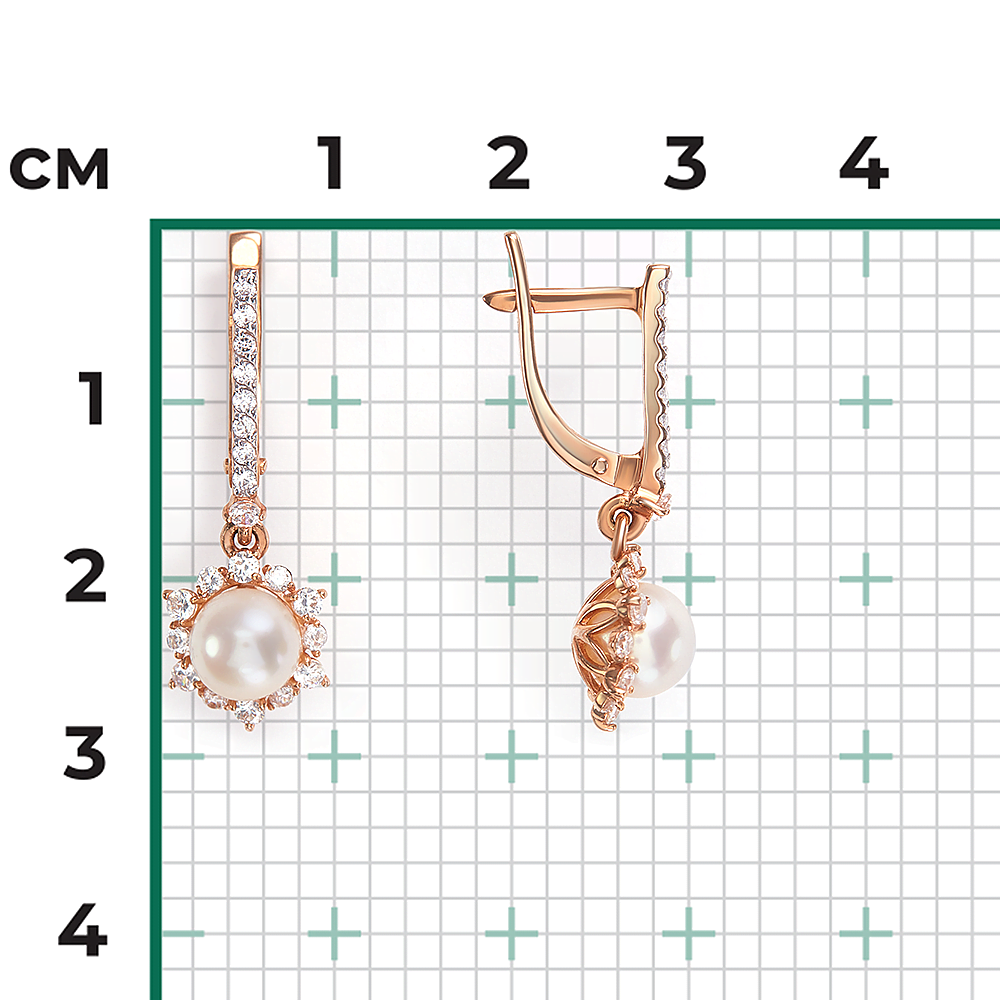 Серьги с английским замком из красного золота с жемчугом культивированным и фианитами 02-3129-00-302-1110-24