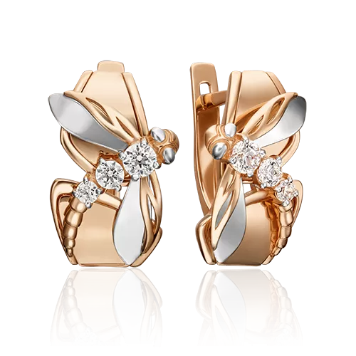 Серьги «Стрекозы» с английским замком из комбинированного золота с фианитами 02-4529-00-501-1111-38