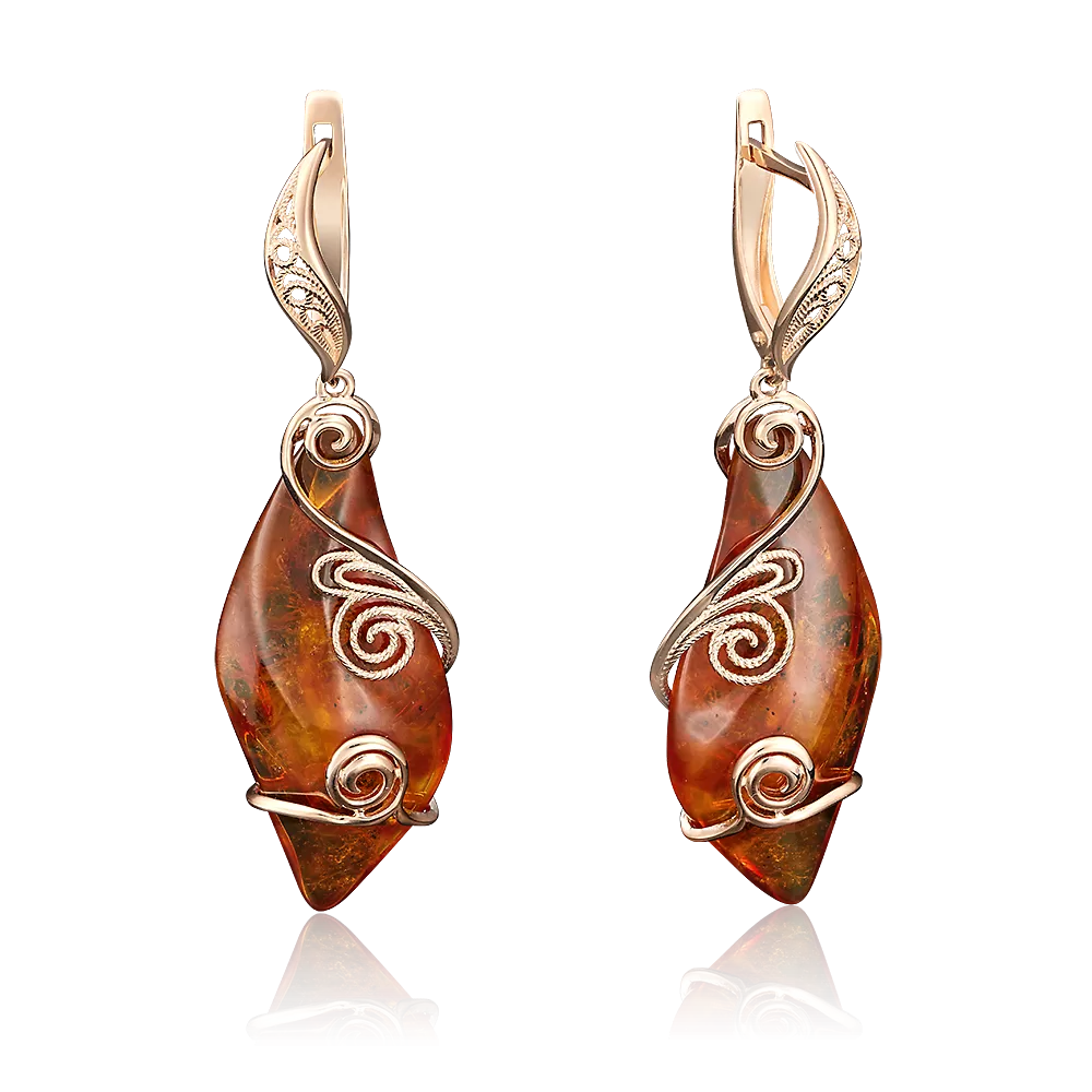 Серьги с английским замком из красного золота с янтарём 02-3707-00-271-1110-46