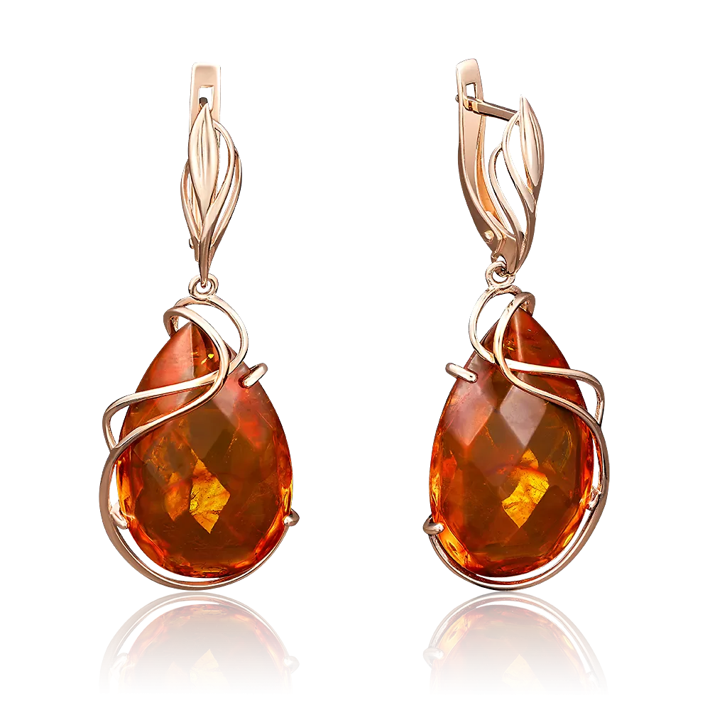 Серьги с английским замком из красного золота с янтарём 02-3708-00-271-1110-46