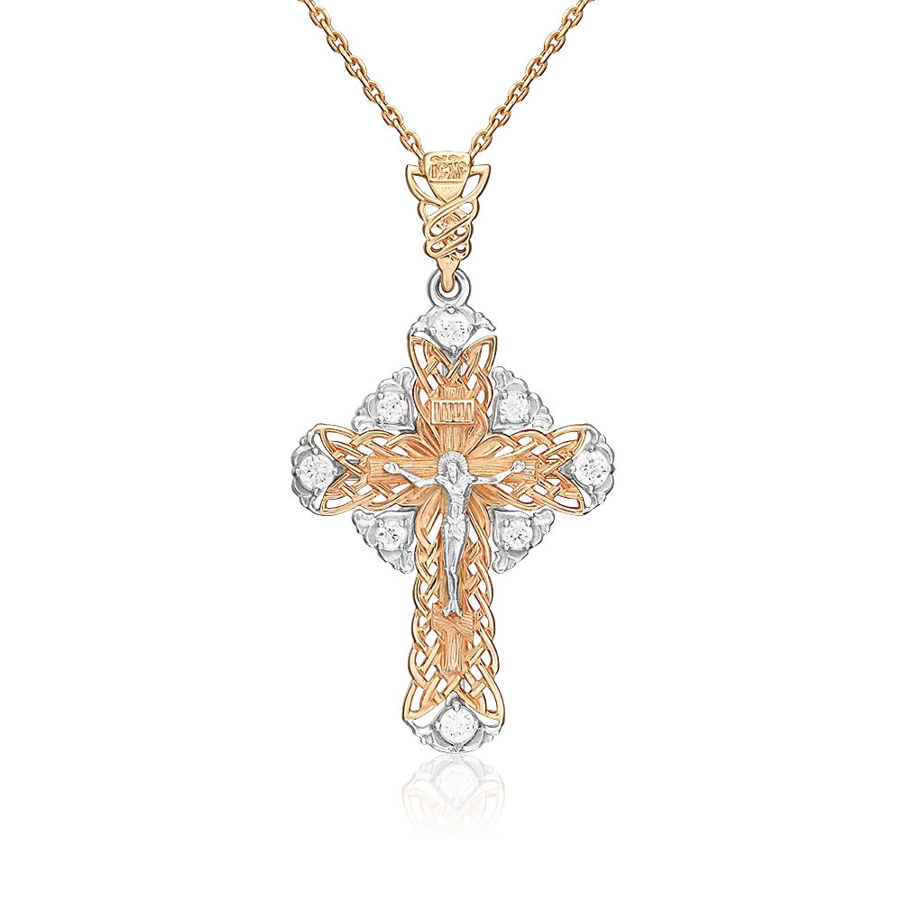 Православный крест из комбинированного золота с фианитами 03-1398-00-401-1111-03