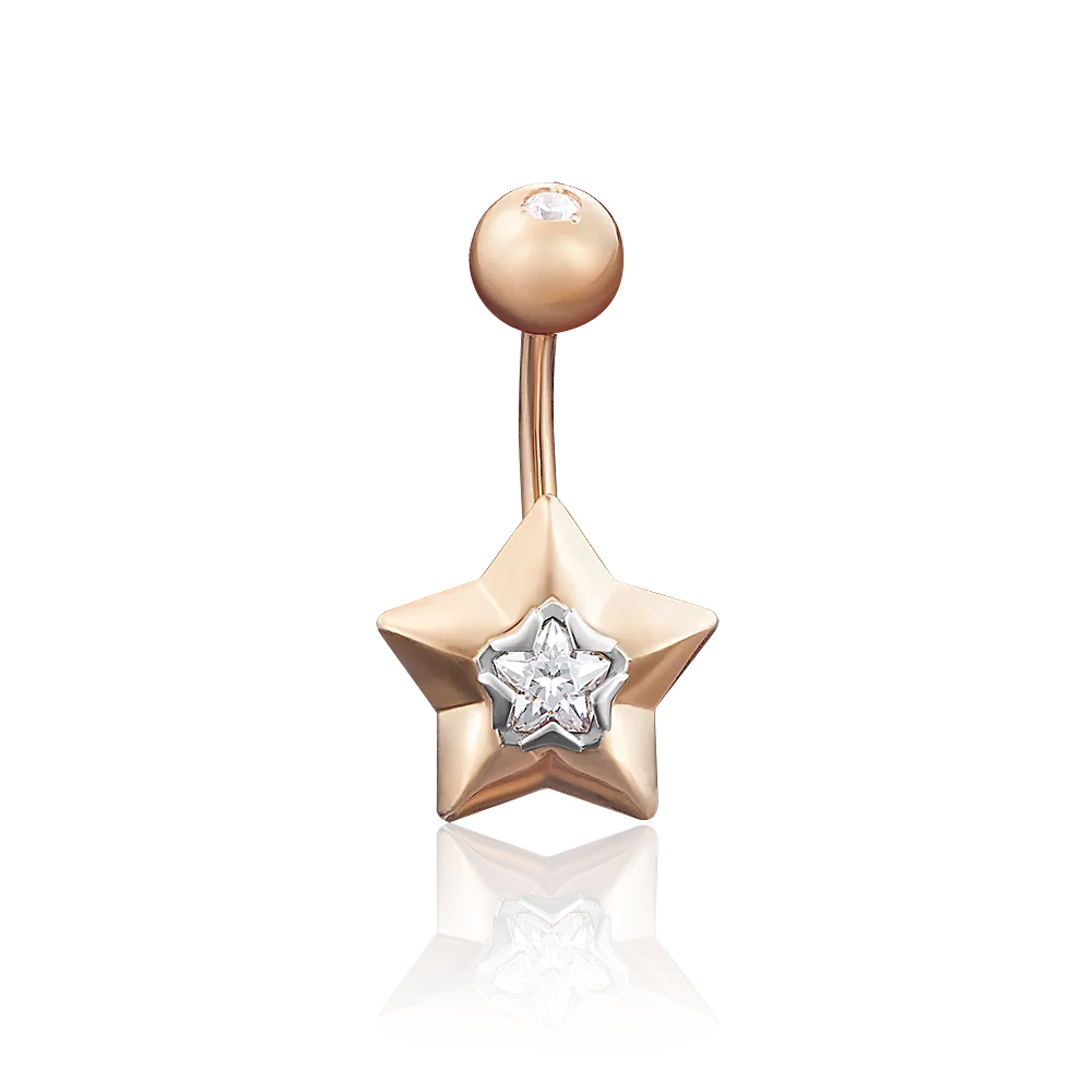 Пирсинг в пупок «Звезда» из комбинированного золота с фианитами 06-3319-00-501-1111-38