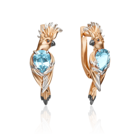 Серьги «Попугаи Какаду» с английским замком из красного золота с топазом