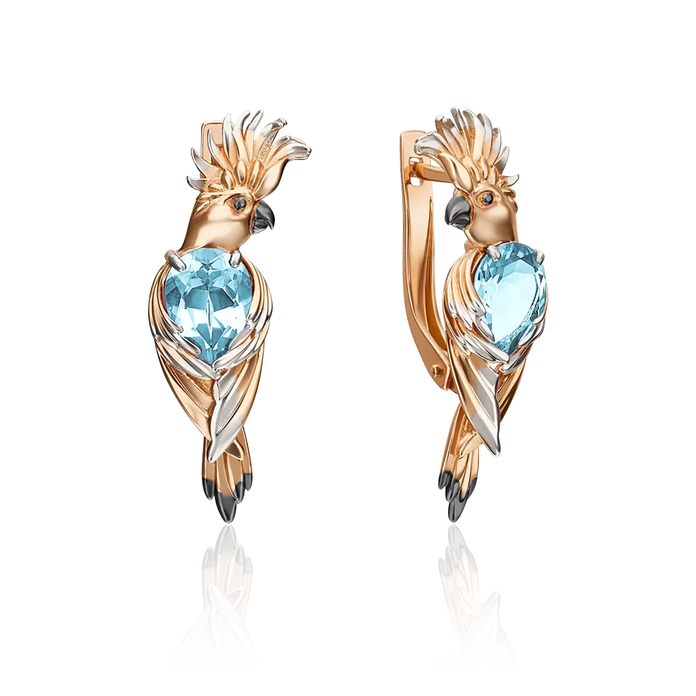 Серьги «Попугаи Какаду» с английским замком из красного золота с топазом 02-4534-00-201-1110-57