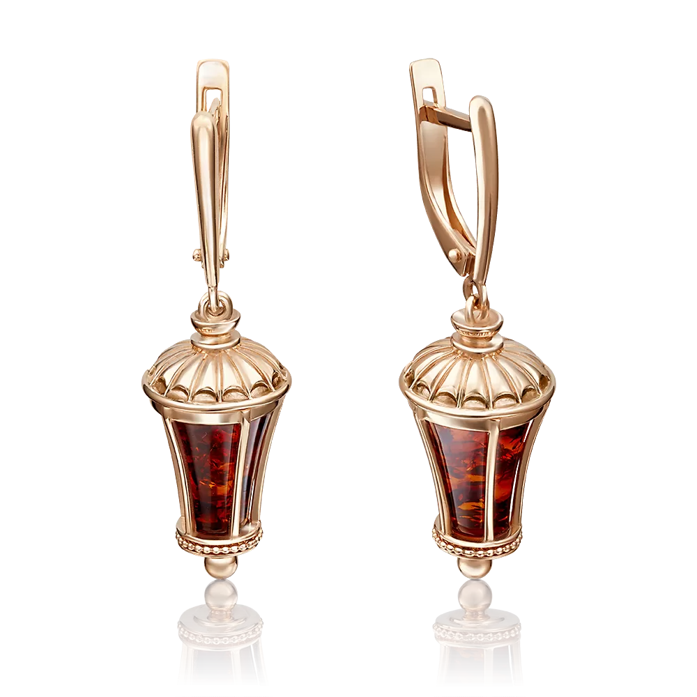 Серьги «Фонарики» с английским замком из красного золота с янтарём 02-4147-01-271-1110-46
