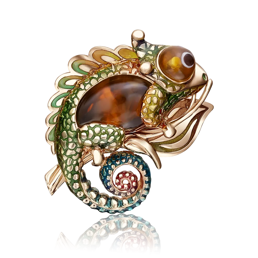 Брошь «Хамелеон» из красного золота с янтарём и эмалью 04-0209-00-271-1110-58