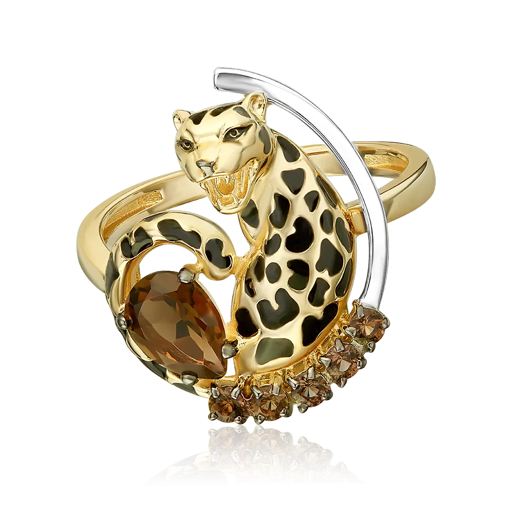 Кольцо «Леопард» из комбинированного золота с эмалью и кварцем дымчатым 01-5883-00-202-1121