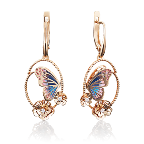 Серьги «Бабочки» с английским замком из красного золота с фианитами и эмалью 02-3902-00-401-1110-59