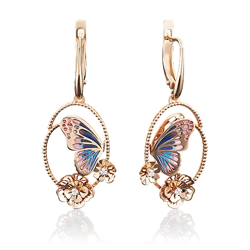Серьги «Бабочки» с английским замком из красного золота с фианитами и эмалью 02-3902-00-401-1110-59