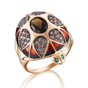 Кольцо «Черепаха» из красного золота с кварцем дымчатым, фианитами и эмалью 01-4840-00-208-1110-46