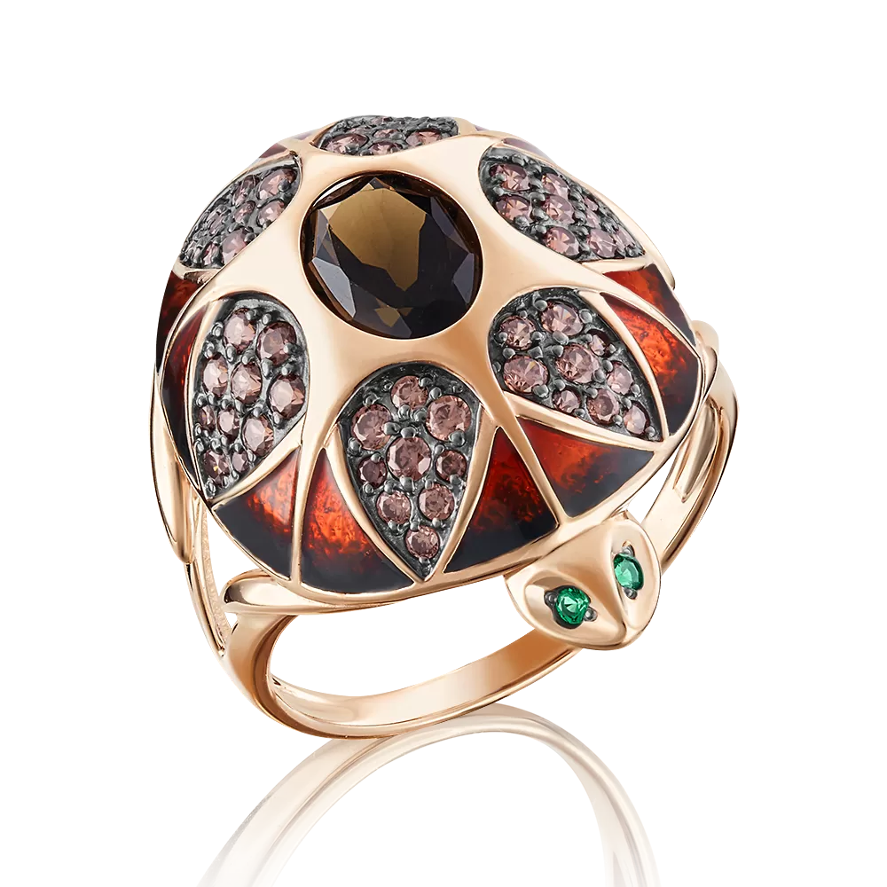Кольцо «Черепаха» из красного золота с кварцем дымчатым, фианитами и эмалью 01-4840-00-208-1110-46