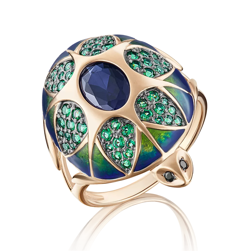 Кольцо «Черепаха» из красного золота с корундом синт., фианитами и эмалью 01-4840-00-294-1110-46