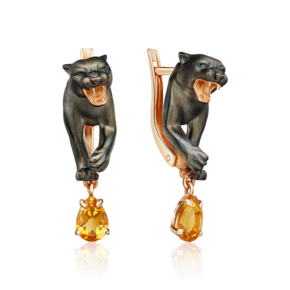 Серьги «Чёрные пантеры» с английским замком из красного золота с цитрином 02-5297-00-206-1110