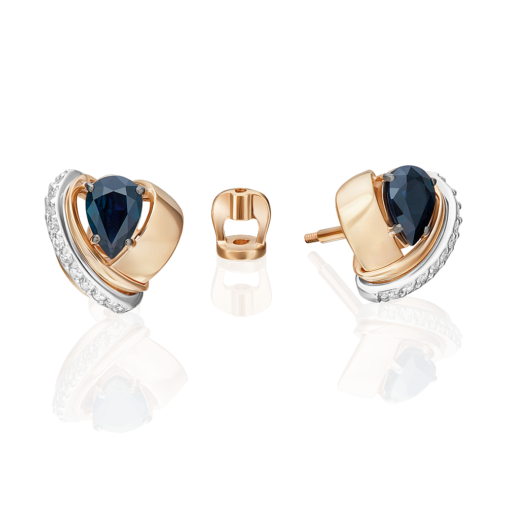 Серьги-пусеты из комбинированного золота с сапфиром и бриллиантами 02-5205-00-105-1111