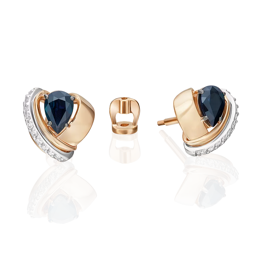 Серьги-пусеты из комбинированного золота с сапфиром и бриллиантами 02-5205-00-105-1111