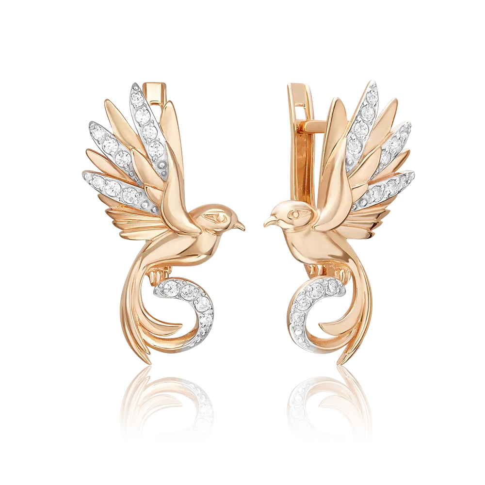 Серьги «Райские птички» с английским замком из красного золота с фианитами 02-5425-00-401-1110