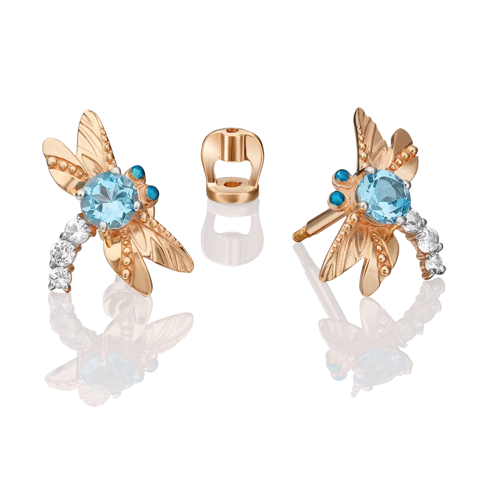 Серьги-пусеты «Стрекозы» из красного золота с топазом, натуральными топазами white и эмалью 02-4679-00-201-1110-57