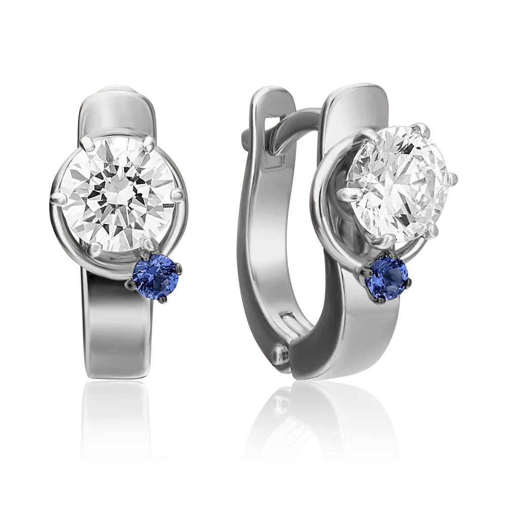 Серьги с английским замком из белого золота с фианитом и шпинелью синт. 02-4244-00-504-1120-38