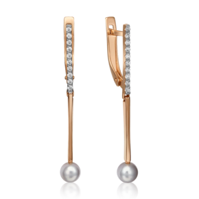 Серьги с английским замком из красного золота с жемчугом культивированным и фианитами 02-4381-00-302-1110-31
