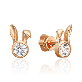 Серьги-пусеты «Зайцы» из красного золота с фианитом 02-5660-00-401-1110