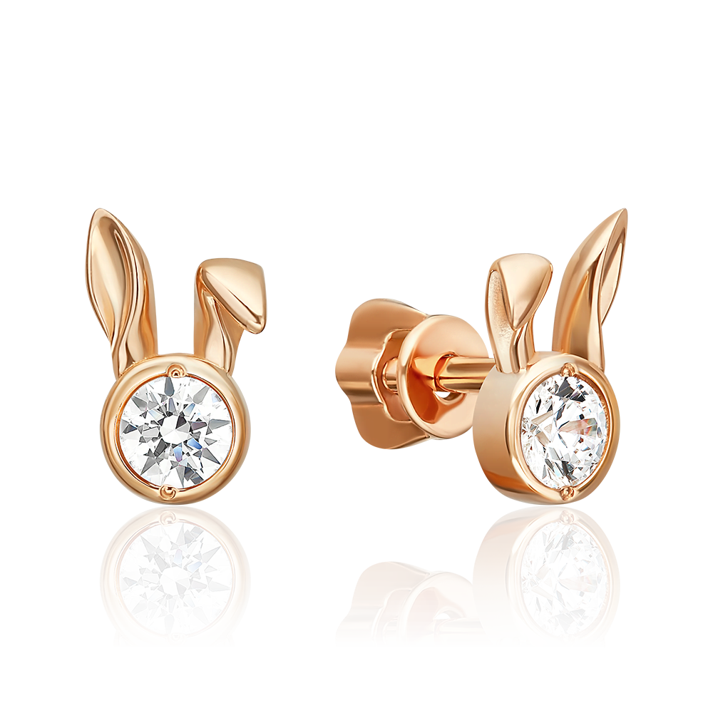 Серьги-пусеты «Зайцы» из красного золота с фианитом 02-5660-00-401-1110