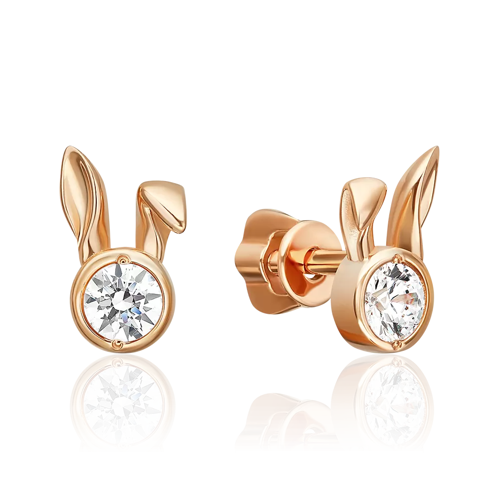 Серьги-пусеты «Зайцы» из красного золота с фианитом 02-5660-00-401-1110