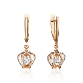 Серьги «Короны» с английским замком из комбинированного золота с фианитом 02-4539-00-401-1111