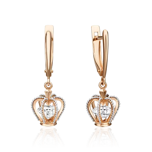 Серьги «Короны» с английским замком из комбинированного золота с фианитом 02-4539-00-401-1111