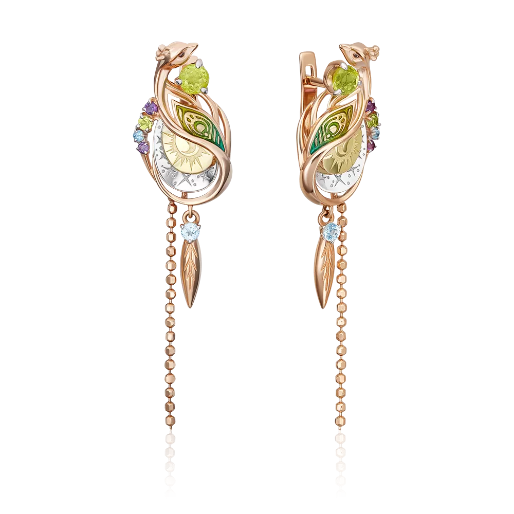 Серьги «Преображение» с английским замком из комбинированного золота с миксом камней и эмалью 02-4857-00-221-1140