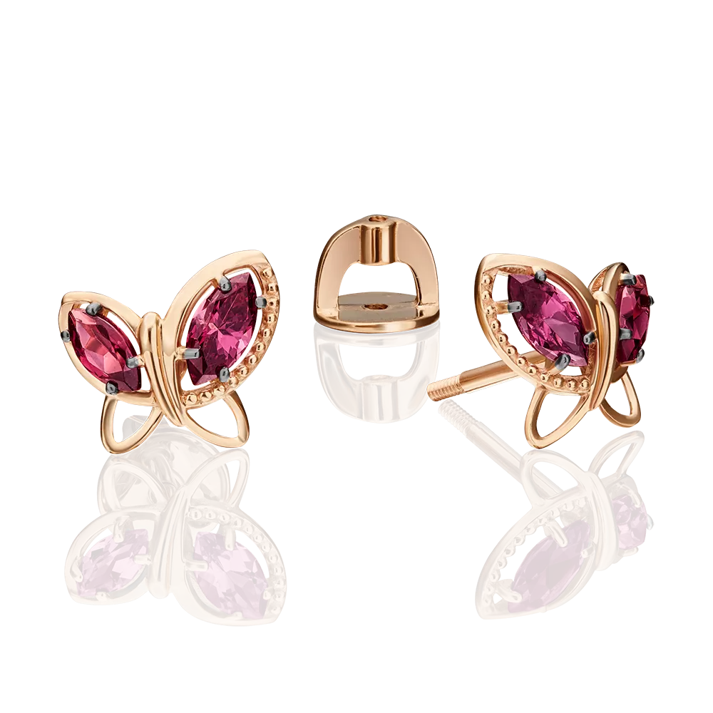 Серьги-пусеты «Бабочки» из красного золота с гранатами 02-4558-00-204-1110-46