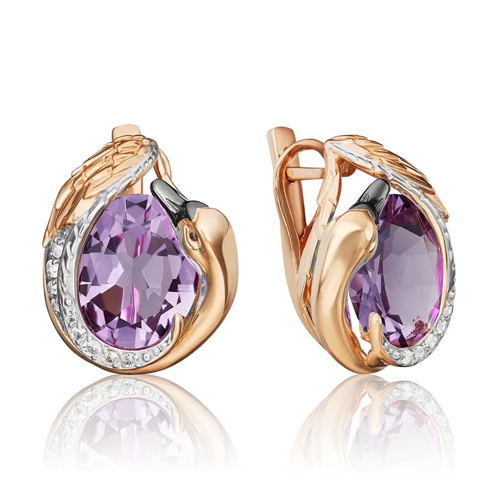 Серьги «Лебеди» из красного золота с аметистом и натуральными топазами white 02-4699-00-225-1110-46