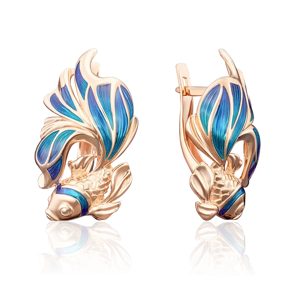 Серьги «Рыбки» с английским замком из красного золота с эмалью 02-3779-00-000-1110-25