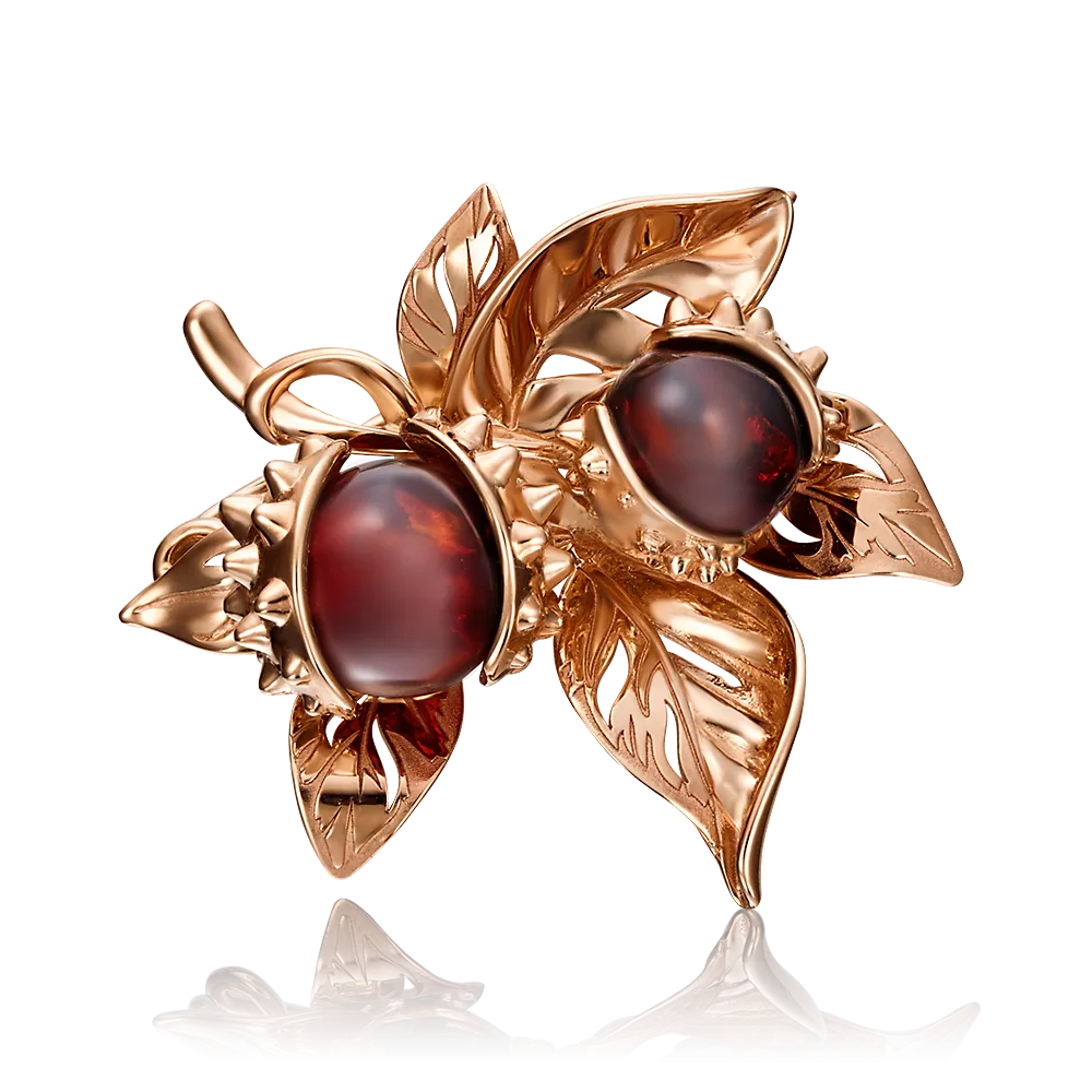 Брошь «Каштан» из красного золота с янтарём 04-0197-01-271-1110-46