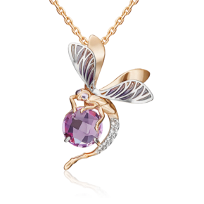 Подвеска «Стрекоза» из комбинированного золота с аметистом, натуральными топазами white и эмалью 03-3144-00-225-1111-57