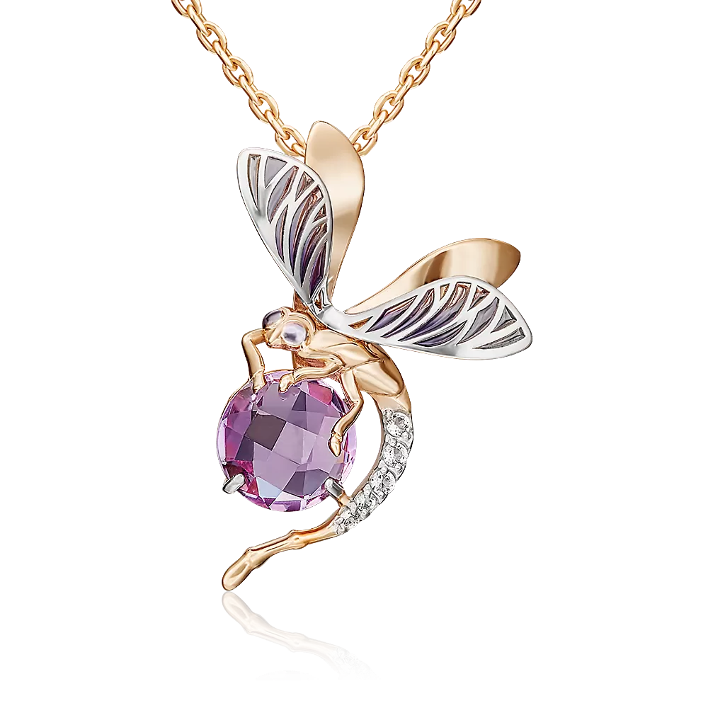 Подвеска «Стрекоза» из комбинированного золота с аметистом, натуральными топазами white и эмалью 03-3144-00-225-1111-57