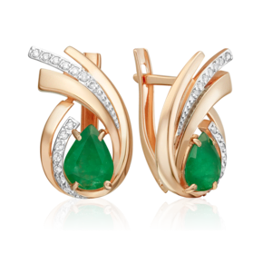 Серьги с английским замком из красного золота с изумрудом и бриллиантами
