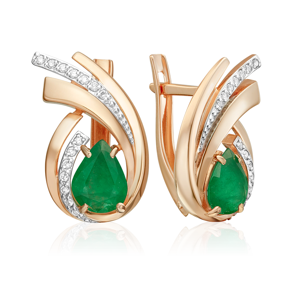 Серьги с английским замком из красного золота с изумрудом и бриллиантами 02-5474-00-106-1110