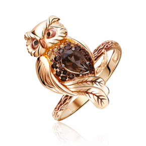 Кольцо «Сова» из красного золота с кварцем дымчатым, цитринами и эмалью 01-5174-00-226-1110-57