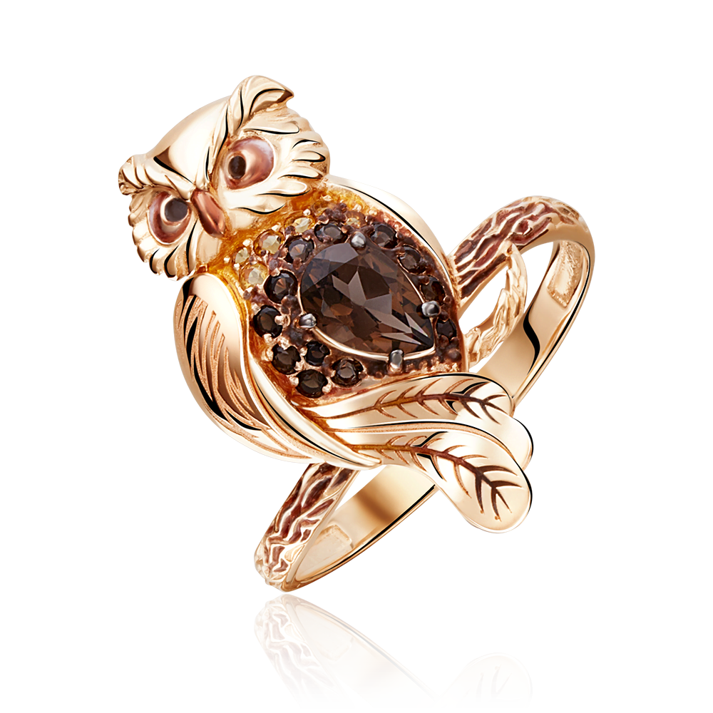 Кольцо «Сова» из красного золота с кварцем дымчатым, цитринами и эмалью 01-5174-00-226-1110-57