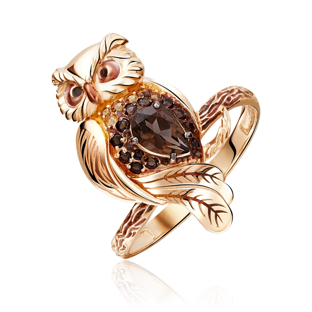 Кольцо «Сова» из красного золота с кварцем дымчатым, цитринами и эмалью 01-5174-00-226-1110-57