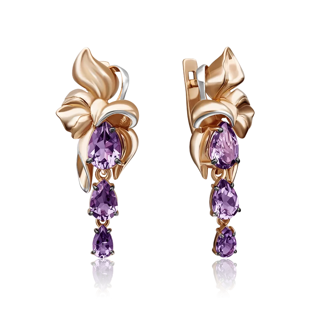 Серьги «Цветы» с английским замком из красного золота с аметистами 02-4324-00-203-1110-46