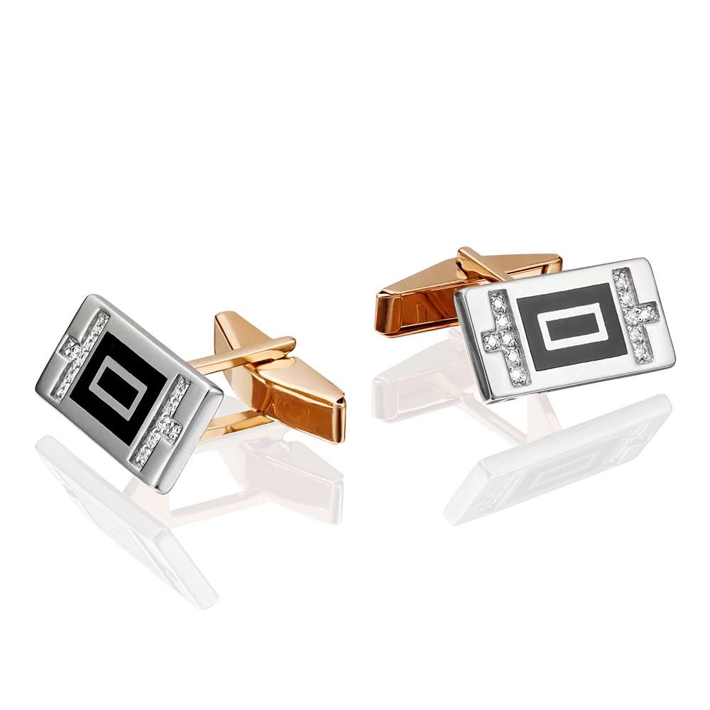 Запонки из комбинированного золота с фианитами и эмалью 10-0047-00-401-1111-25