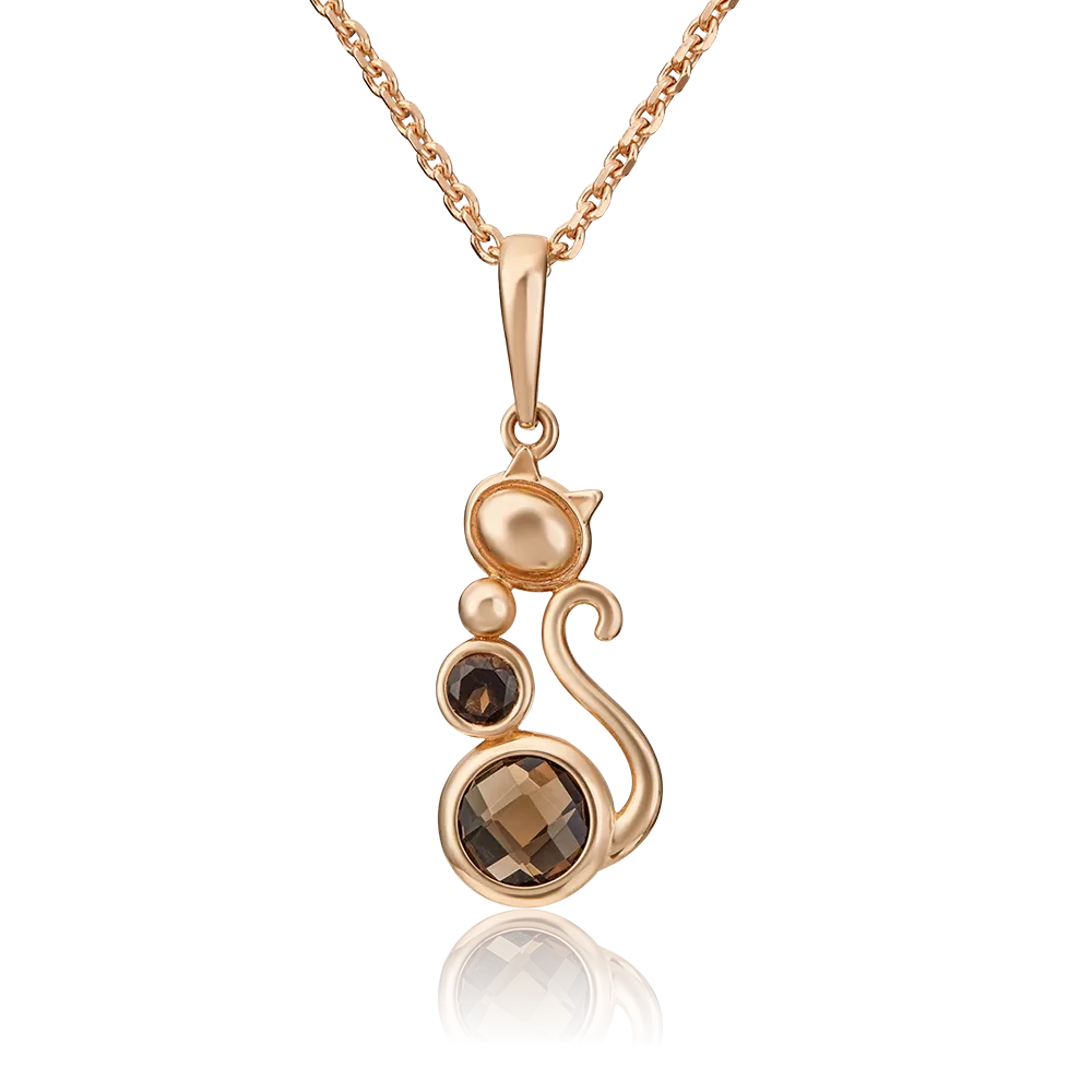 Подвеска «Кошка» из красного золота с кварцем дымчатым 03-3082-00-202-1110-57