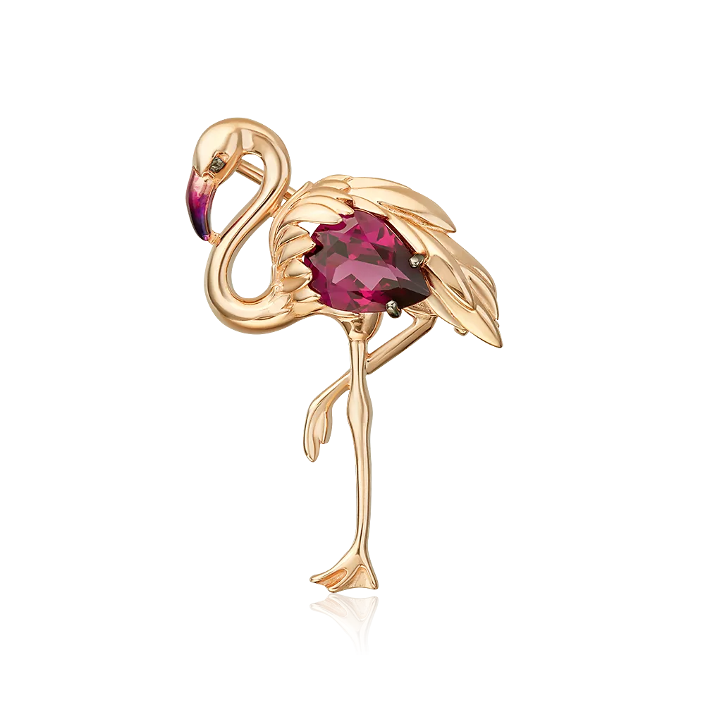 Брошь «Розовый фламинго» из красного золота с гранатом и эмалью 04-0302-00-204-1110